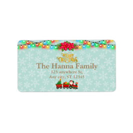 Etiqueta Santa Claus en tren con regalos y árbol de Navidad