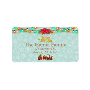 Etiqueta Santa Claus en tren con regalos y árbol de Navidad