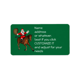 Etiqueta Santa Claus montando un caballo marrón