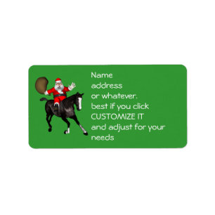 Etiqueta Santa Claus montando un caballo negro