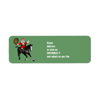 Etiqueta Santa Claus montando un caballo negro