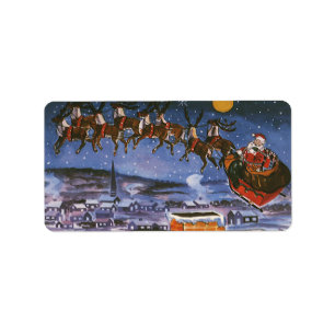 Etiqueta Santa Claus Vintage Volando en su Trineo en Navida