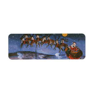 Etiqueta Santa Claus Vintage Volando en su Trineo en Navida