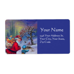 Etiqueta SANTA CON JUGUETES Y NIÑO EN INVIERNO NIEVE Azul