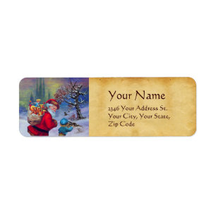 ETIQUETA SANTA CON JUGUETES Y NIÑO EN LA NIEVE DE INVIERNO