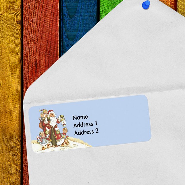 Etiqueta Santa con niños caminando en azul claro de nieve (Cute Santa Claus with little children in snow on light blue return address labels for Christmas.)