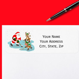 Etiqueta Santa Playing Hockey with Reindeer Christmas