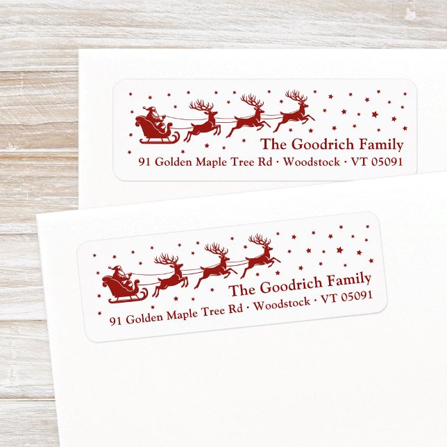 Etiqueta Santa Reindeer Sleigh Red Navidades Dirección de R (Festive, antique gold Santa's reindeer sleigh in a starry sky Christmas return address label.)