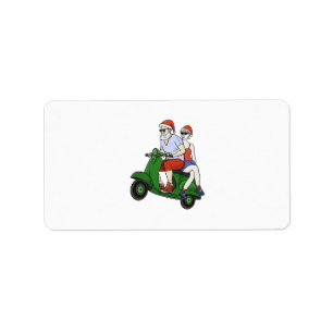 Etiqueta Santa y la Sra. Claus montando una moto