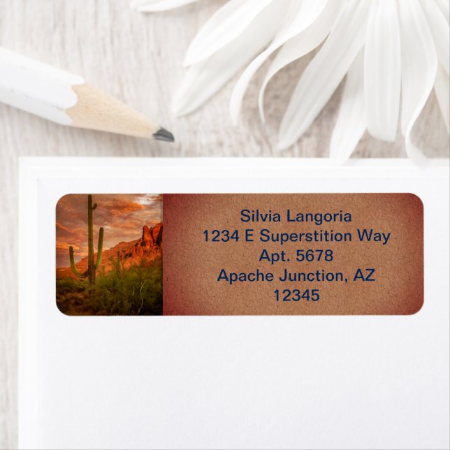 Etiqueta Saquaro Cactus Superstición Montaña Sunset (In situ)