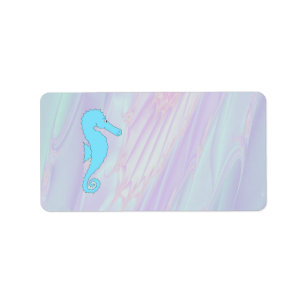 Etiqueta Seahorse azul claro en el fondo de colores en