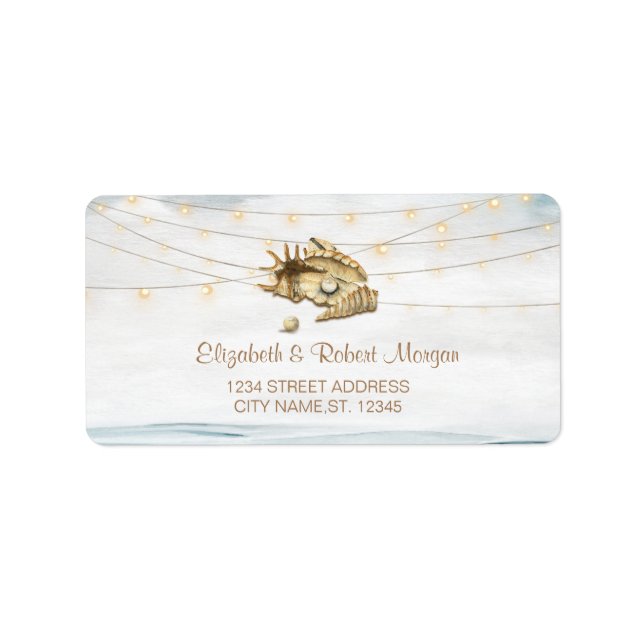 Etiqueta Seashells,Sea,String Lights Script Boda (Frente)