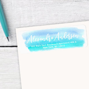 Etiqueta Sereno Azul Teal Aquarela Dirección de Devolución