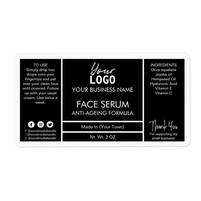 Etiqueta Sérico de aceite de borde blanco negro profesional (Frente)