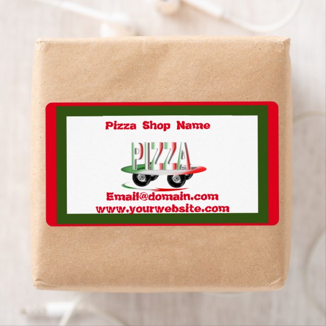 Etiqueta Servicio de pizza, verde rojo, personalizado (In situ)