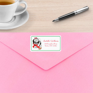 Etiqueta Shih Tzu adorable y desordenada con juguete de pan