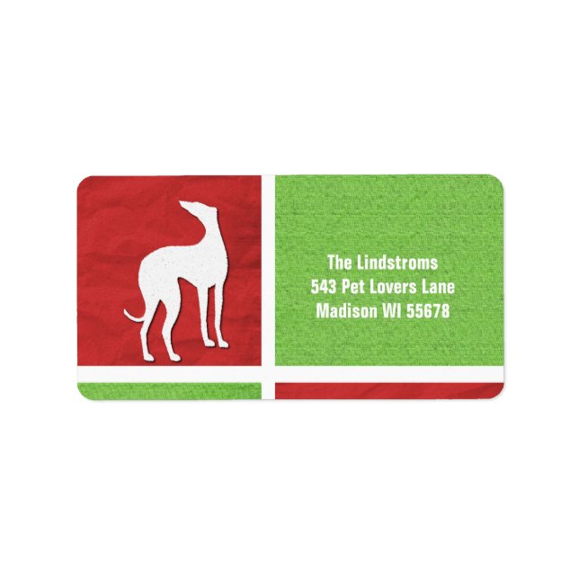 Etiqueta Silhouette de Greyhound en rojo y verde (Frente)