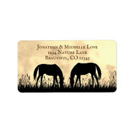 Etiqueta Silhouette Horses Grazing in Field Sunset Address