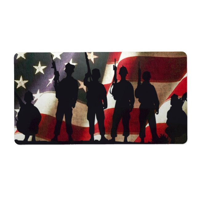 Etiqueta Silhouettes de soldado militar patriótico (Frente)