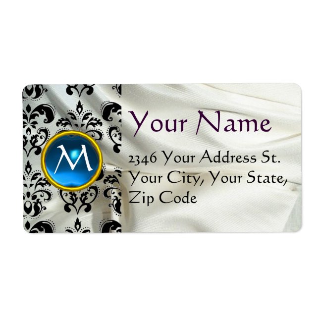Etiqueta SILK DAMASK GEM azul blanco (Frente)