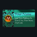Etiqueta SILK DAMASK GEM orange green blue<br><div class="desc">Colorful and classy damask  monogram design with 3D gemstones by BALDESIGN3D (c)</div>