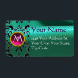Etiqueta SILK DAMASK GEM pink  green blue<br><div class="desc">Colorful and classy damask  monogram design with 3D gemstones by BALDESIGN3D (c)</div>