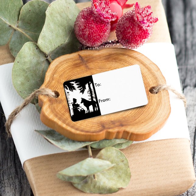 Etiqueta Silueta negra Red Riding Hood Wolf Woods (Little Red Riding Hood with woof in the forest on silhouette black and white gift tag label.)