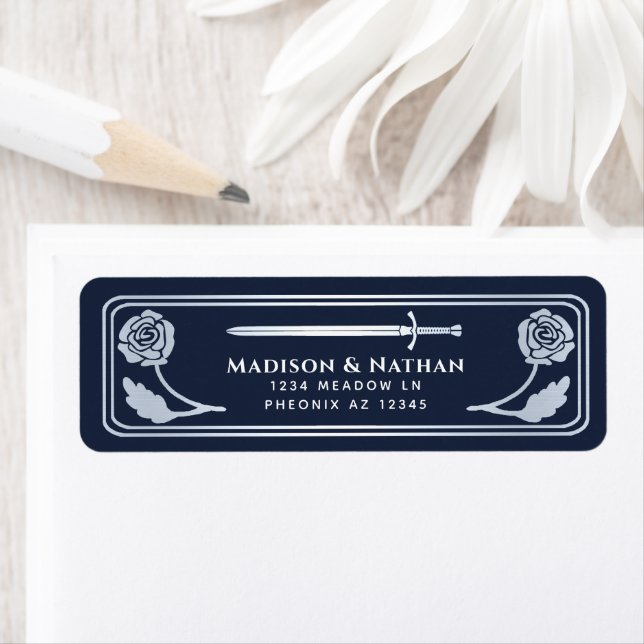 Etiqueta Silver Blue Medieval Fantasy Sword Wedding Label (In situ)