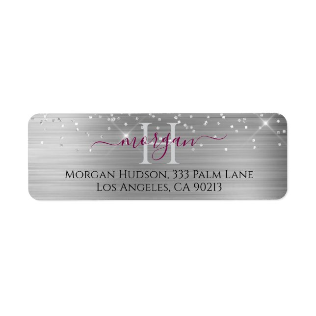 Etiqueta Silver Glitter & Large Monogram, Maroon Name (Frente)