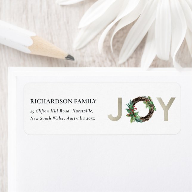 ETIQUETA SILVER HOLLY BERRY JOY WREATH CHRISTMAS ADDRESS (In situ)