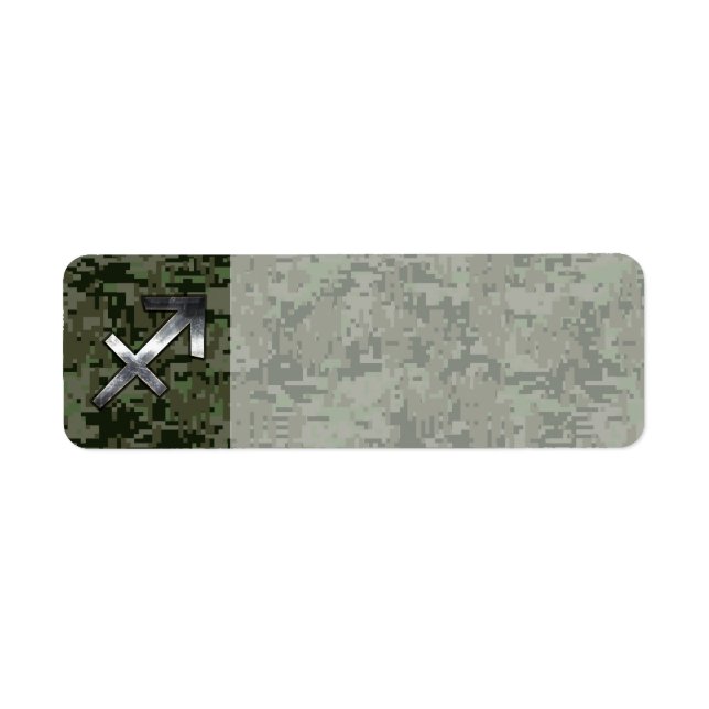 Etiqueta Silver Sagittarius Zodiac Woodland Camo Digital (Frente)