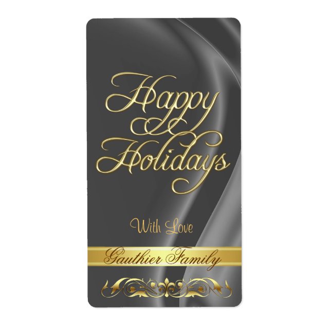 Etiqueta Silver Satin Gold Scroll Happy Holidays Wine Label (Frente)