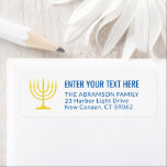 Etiqueta Simple 7 Candle Menorah Gold & Blue Return Address<br><div class="desc">Add the perfect finishing touch to cards, invitations, and other correspondence with these elegant white, gold, and blue return address labels. The gold is non-metallic printed color, not foil. All text can easily be customized with any greeting, name, and address. Design features a simple seven candle menorah with lit candles...</div>