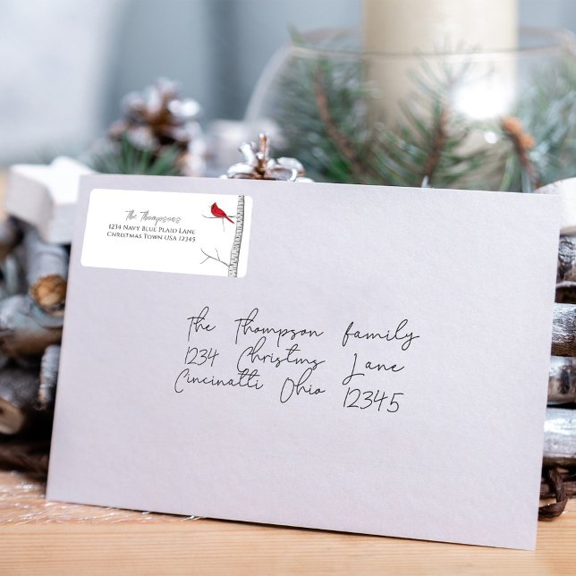 Etiqueta Simple acuarela Clásico Cardenal rojo invernal (Simple winter red cardinal and birch tree return address label. )