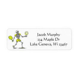 Etiqueta Skeleton Jugando Pickleball Divertido