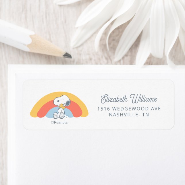 Etiqueta Snoopy & Woodstock Rainbow Baby Shower Label (In situ)