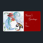 ETIQUETA SNOWMAN AND PENGUIN'S WINTER SERENADE<br><div class="desc">Whimsical, colorful original pastel painting in blue white red colors, snowman and penguin playing violin in winter snow with red flowers, flourishes.by Bulgan Lumini (c)</div>