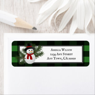 Etiqueta Snowman Buffalo Plaid Return Address Label