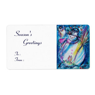 Etiqueta SNOWMAN CON OWL , azul blanco rojo
