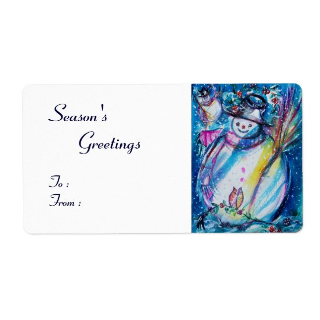 Etiqueta SNOWMAN CON OWL , azul blanco rojo (Frente)