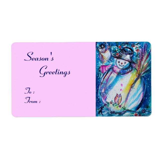 Etiqueta SNOWMAN CON OWL, rosa azul blanco (Frente)