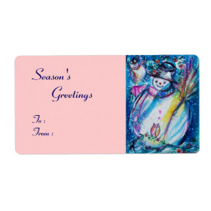 Etiqueta SNOWMAN CON OWL, rosa azul blanco