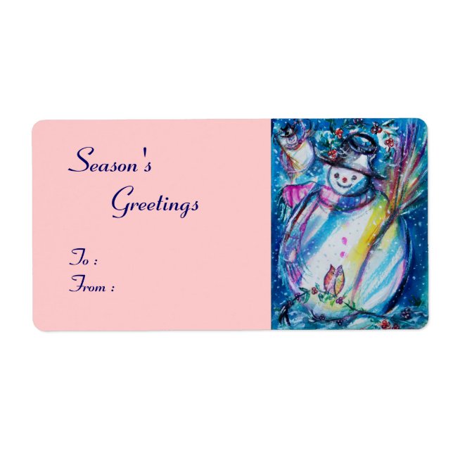 Etiqueta SNOWMAN CON OWL, rosa azul blanco (Frente)