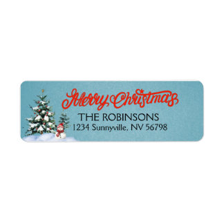 Etiqueta Snowman vintage y árboles de Navidad