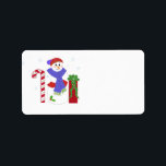 Etiqueta Snowman with Candy Cane<br><div class="desc">A great holiday label featuring a jolly snowman leaning against a big candy cane and a large red gift with a big green bow beside him. Customize with your information as desired.</div>