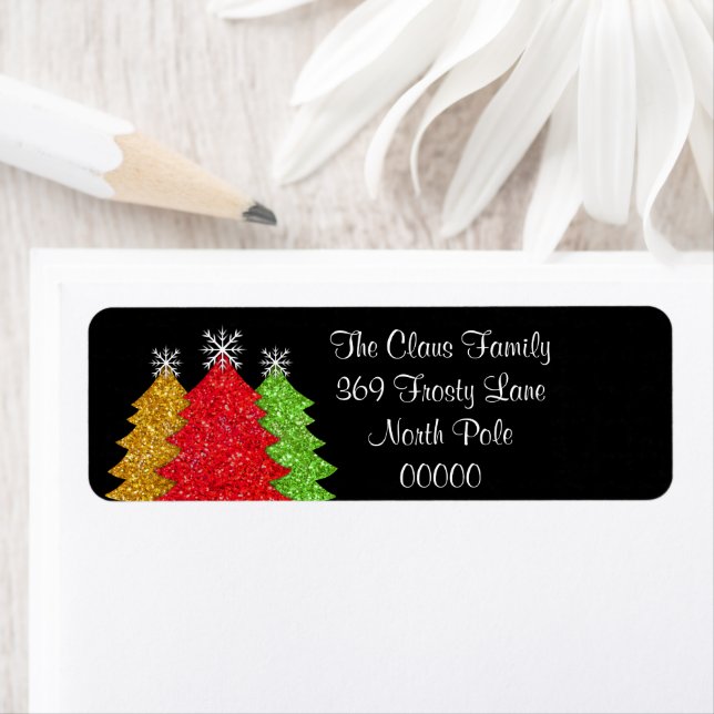 Etiqueta Sparkling rojo dorado verde árbol de Navidad copo  (In situ)