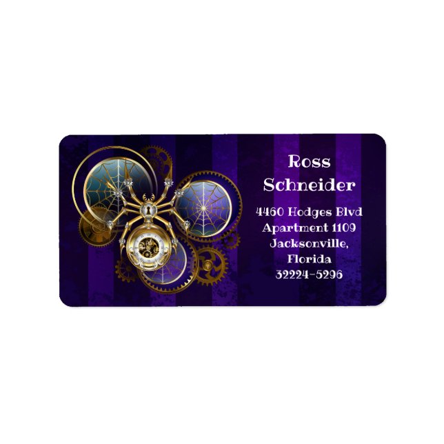 Etiqueta Spider Steampunk sobre fondo morado (Frente)