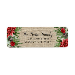 Etiqueta Spruce Pinecone y Poinsettia en Burlap