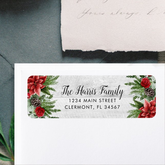 Etiqueta Spruce Pinecone y Poinsettia en la madera blanca (Subido por el creador)