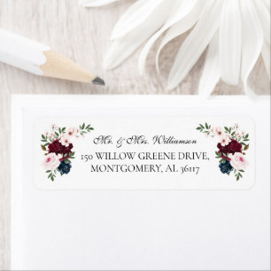 Etiqueta Sr. y Sra. Elegant Burgundy Navy Watercolor Floral